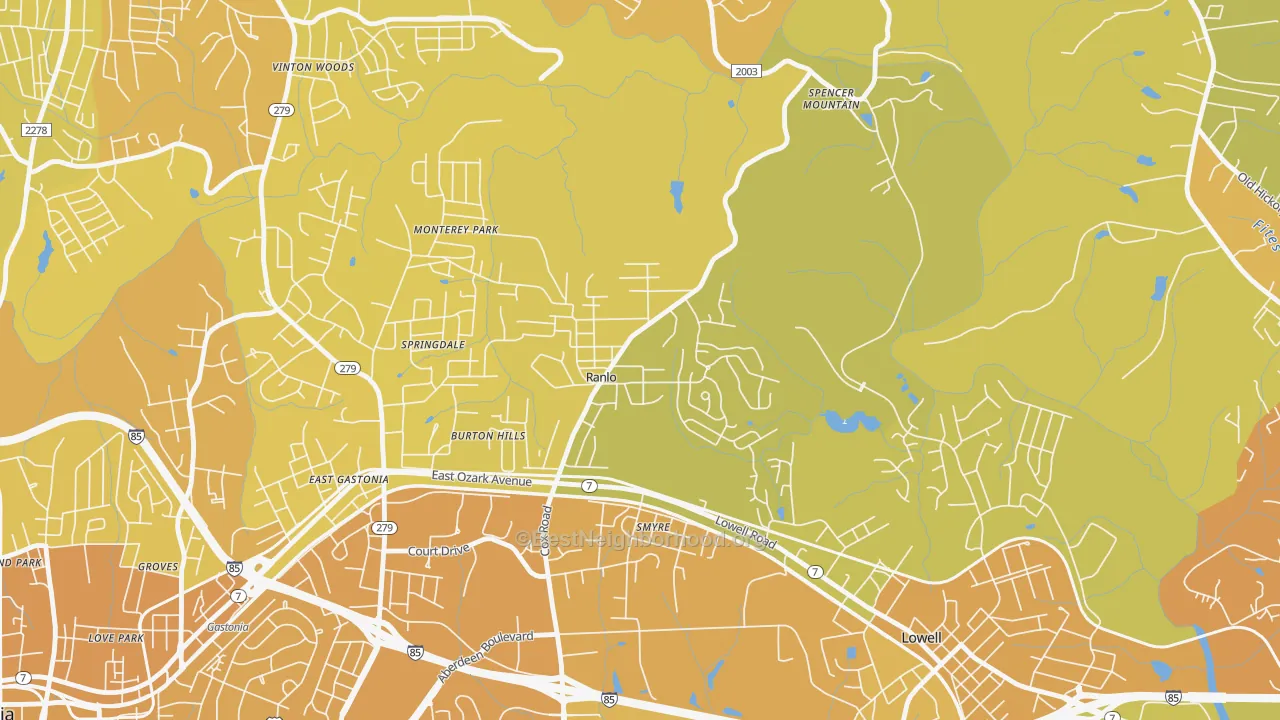 Map of the best neighborhoods in the Ranlo area, with better matches in green and worse matches in red