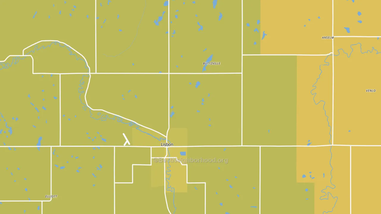 Map of the best neighborhoods in the Ransom County area, with better matches in green and worse matches in red