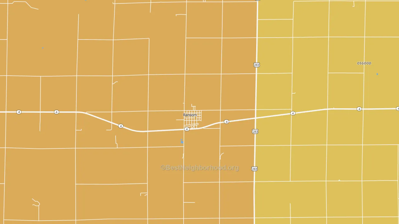 Map of the best neighborhoods in the Ransom area, with better matches in green and worse matches in red