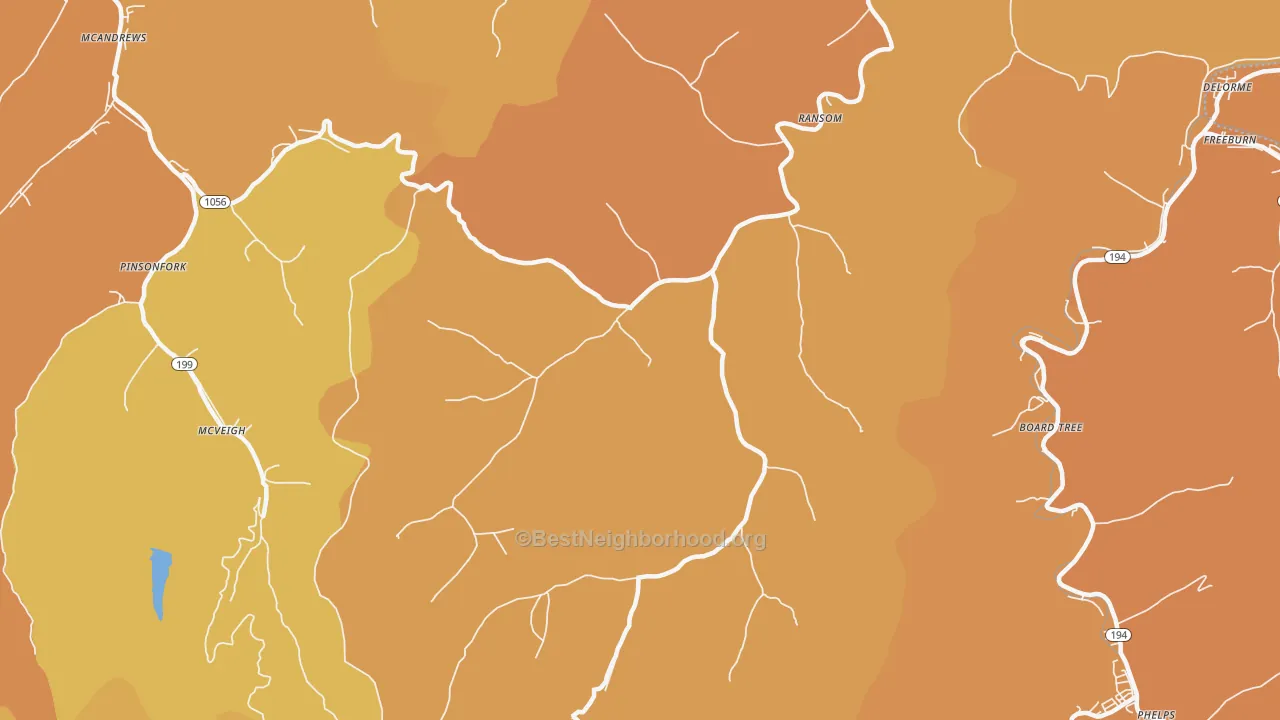 Map of the best neighborhoods in the Ransom area, with better matches in green and worse matches in red