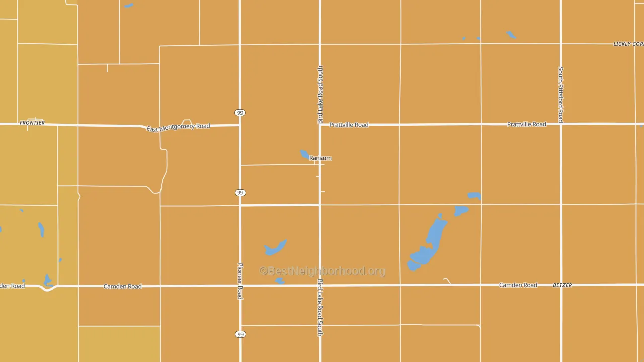 Map of the best neighborhoods in the Ransom area, with better matches in green and worse matches in red