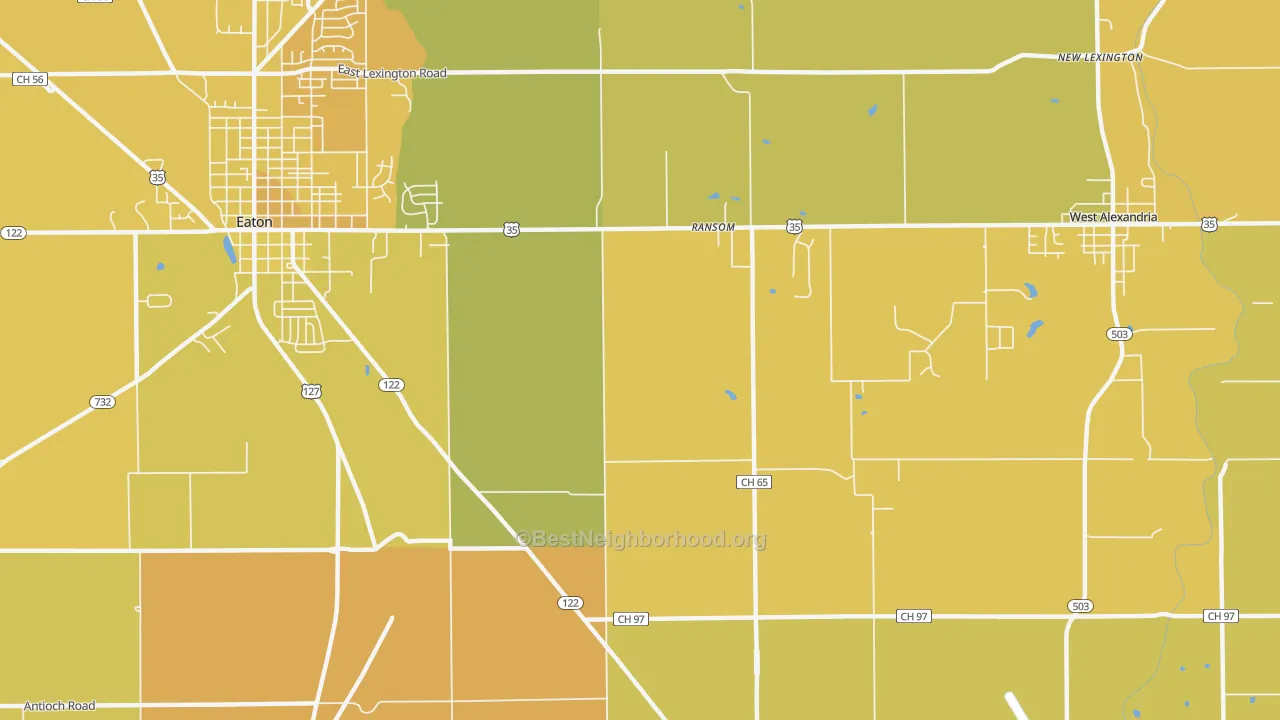 Map of the best neighborhoods in the Ransom area, with better matches in green and worse matches in red