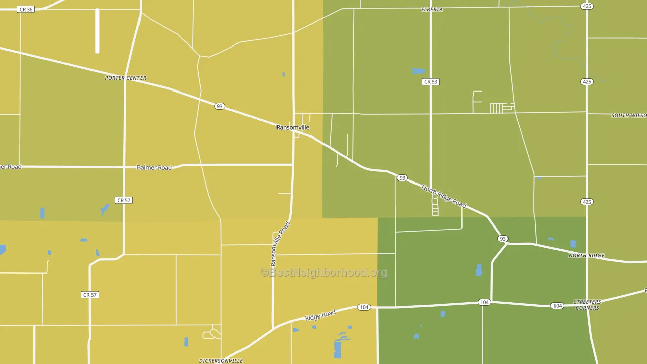 Map of the best neighborhoods in the Ransomville area, with better matches in green and worse matches in red