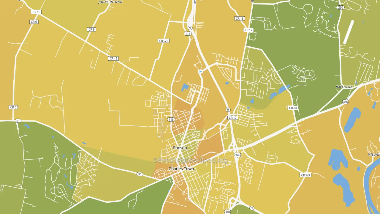 Map of the best neighborhoods in the Ranson area, with better matches in green and worse matches in red