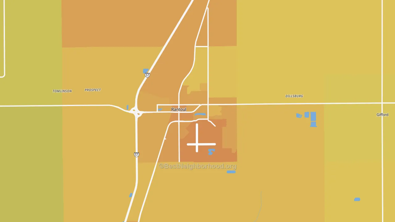Map of the best neighborhoods in the Rantoul area, with better matches in green and worse matches in red