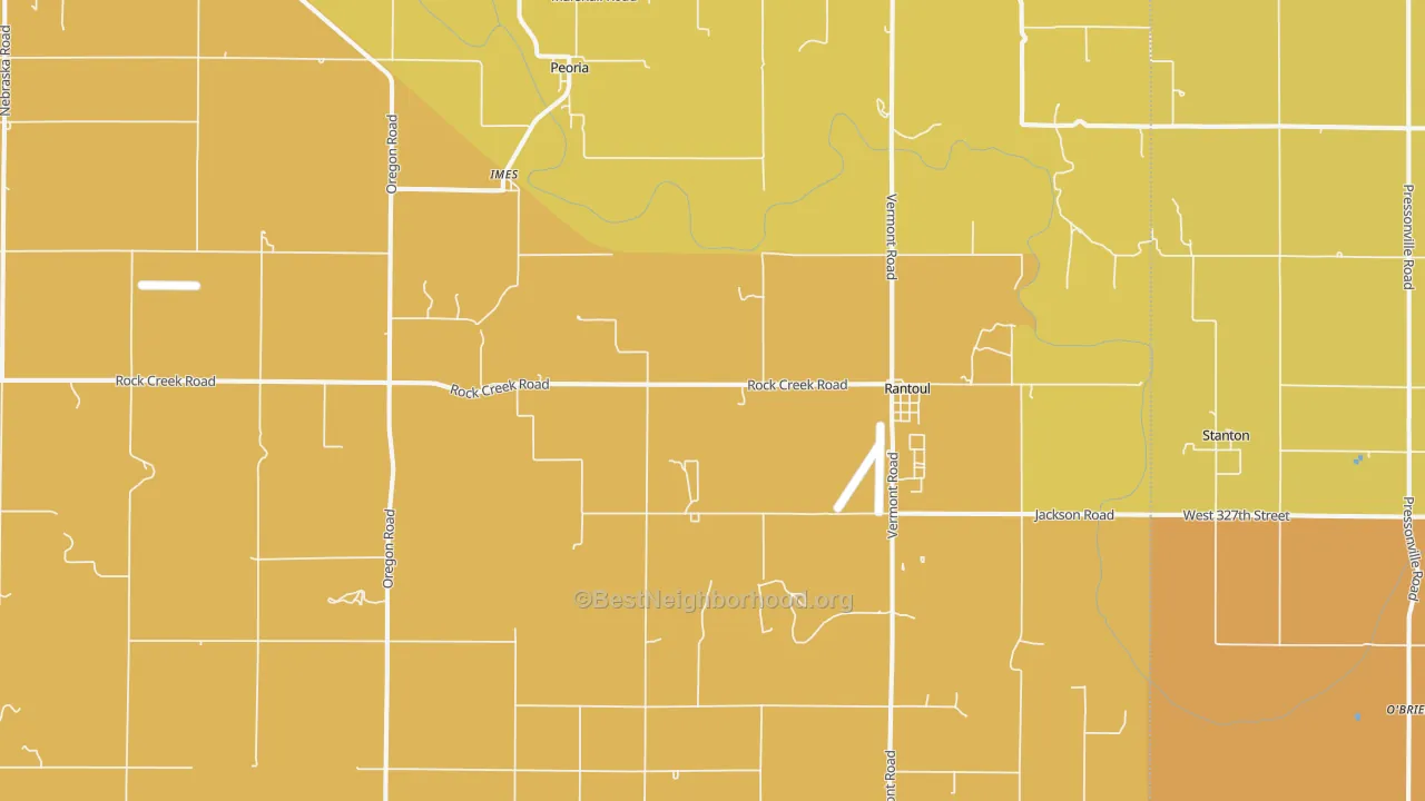 Map of the best neighborhoods in the Rantoul area, with better matches in green and worse matches in red