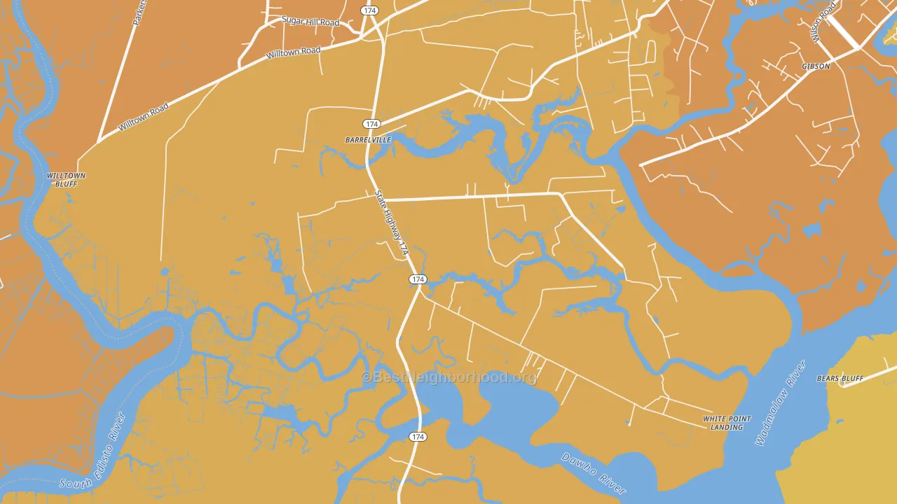Map of the best neighborhoods in the Rantowles area, with better matches in green and worse matches in red