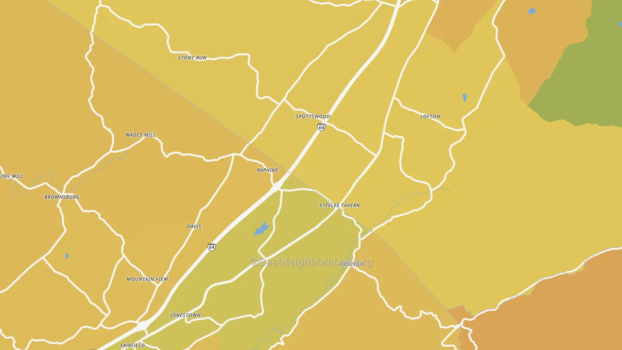 Map of the best neighborhoods in the Raphine area, with better matches in green and worse matches in red