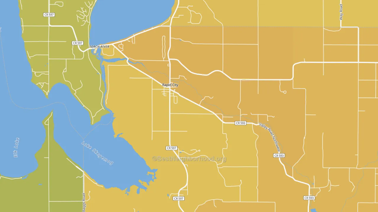 Map of the best neighborhoods in the Rapid City area, with better matches in green and worse matches in red