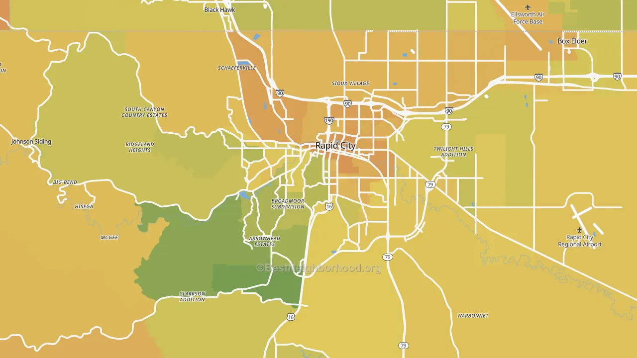 Map of the best neighborhoods in the Rapid City Metro area, with better matches in green and worse matches in red