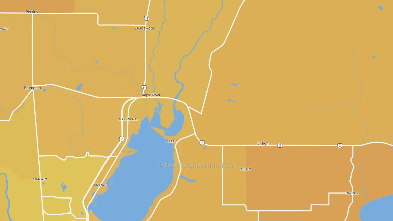 Map of the best neighborhoods in the Rapid River area, with better matches in green and worse matches in red