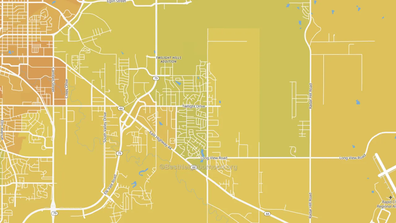 Map of the best neighborhoods in the Rapid Valley area, with better matches in green and worse matches in red