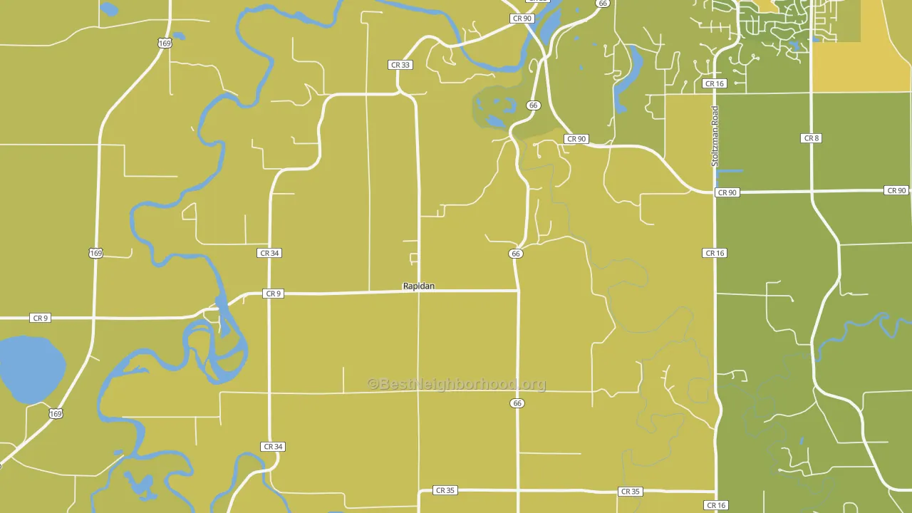 Map of the best neighborhoods in the Rapidan area, with better matches in green and worse matches in red