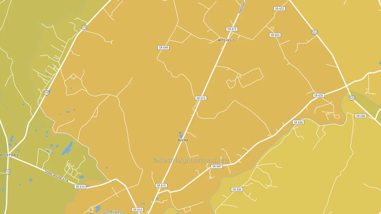 Map of the best neighborhoods in the Rapidan area, with better matches in green and worse matches in red