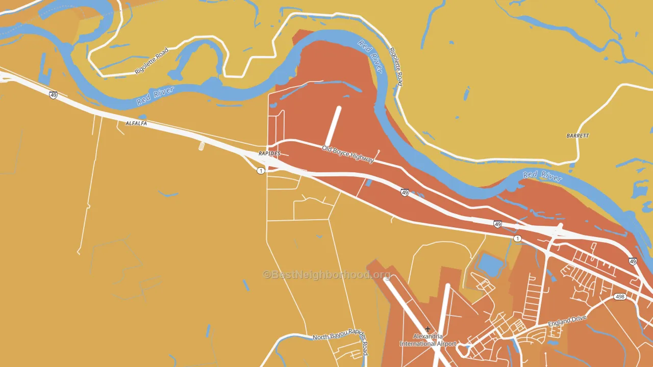 Map of the best neighborhoods in the Rapides area, with better matches in green and worse matches in red