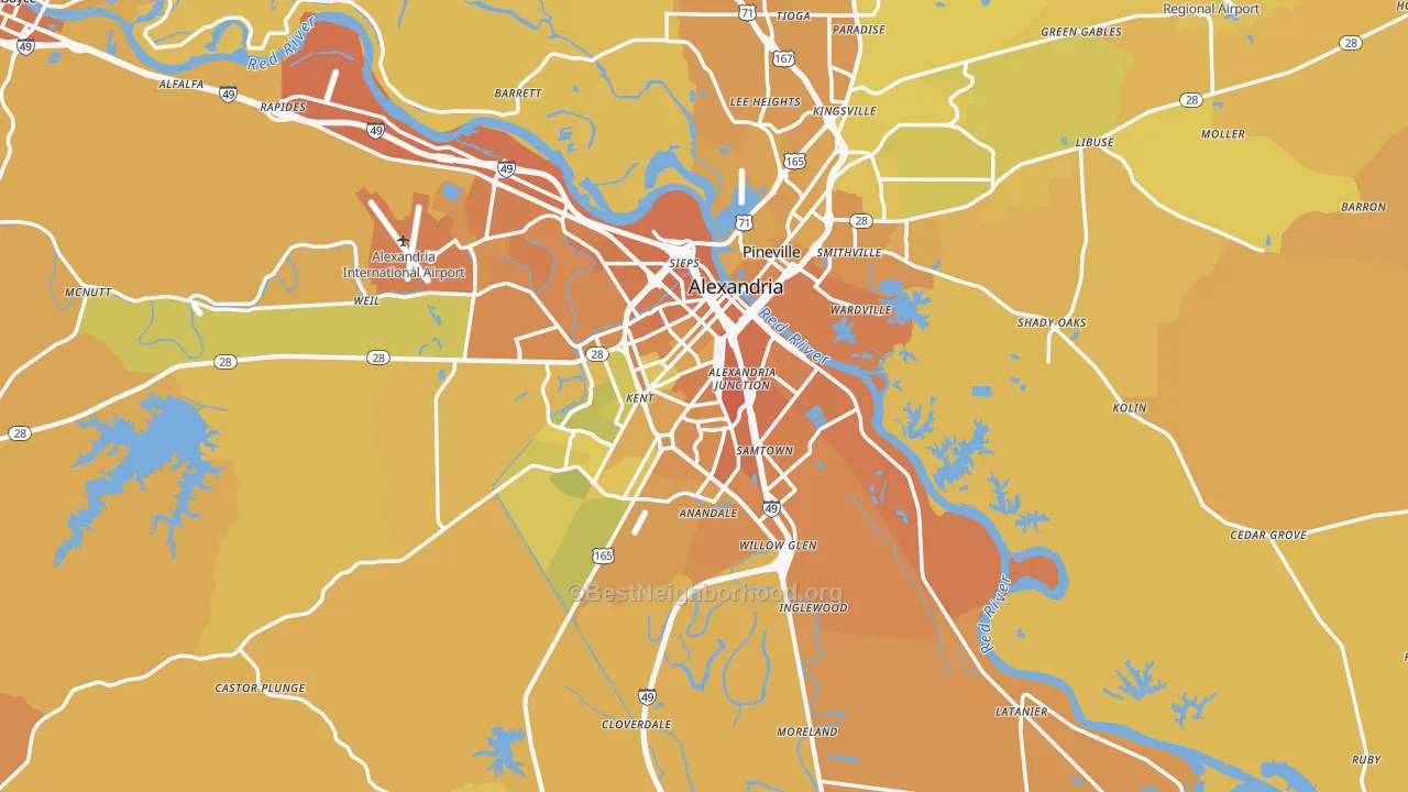 Map of the best neighborhoods in the Rapides Parish area, with better matches in green and worse matches in red
