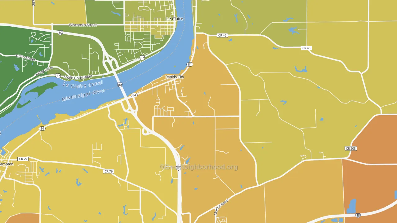 Map of the best neighborhoods in the Rapids City area, with better matches in green and worse matches in red