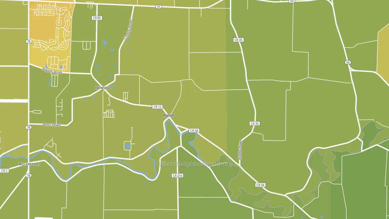 Map of the best neighborhoods in the Rapids area, with better matches in green and worse matches in red