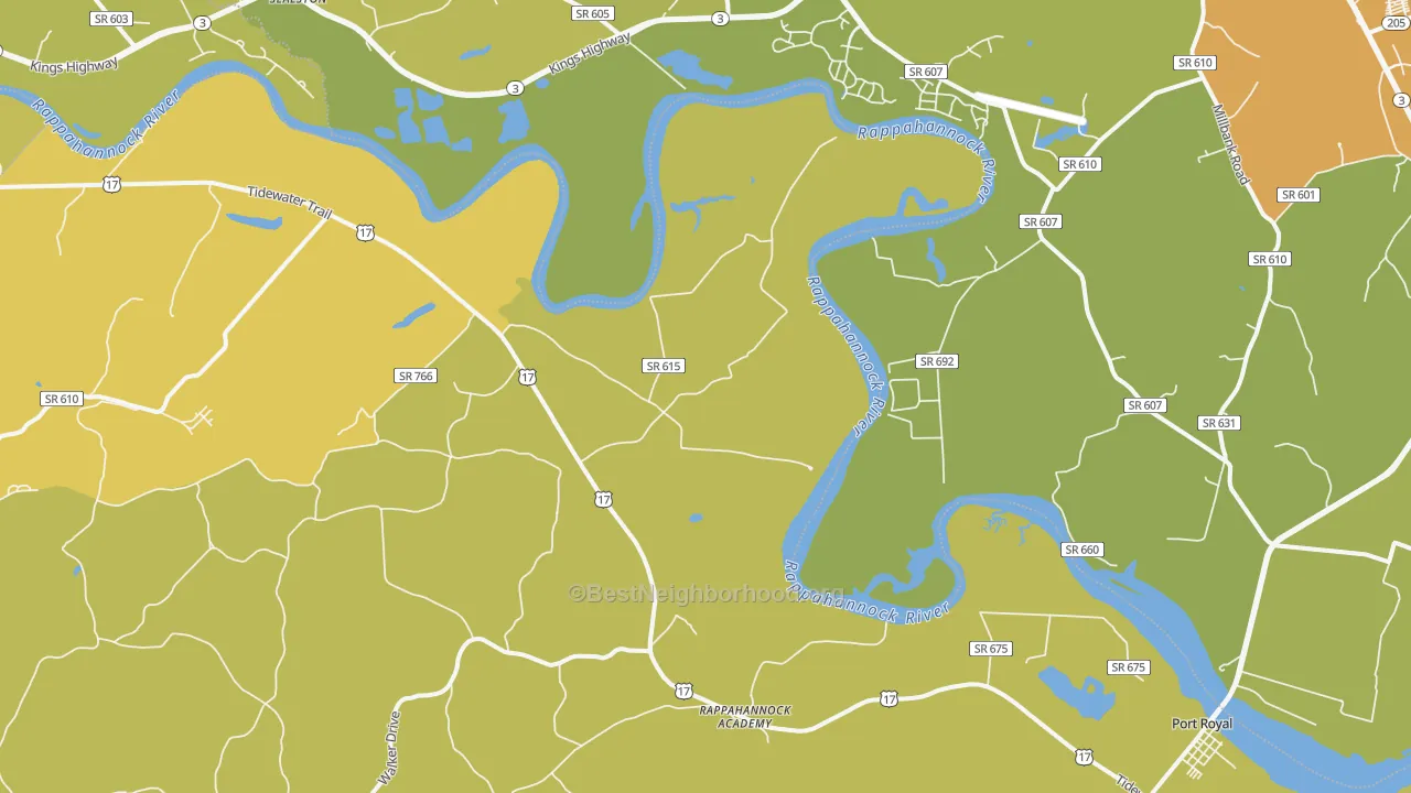 Map of the best neighborhoods in the Rappahannock Academy area, with better matches in green and worse matches in red