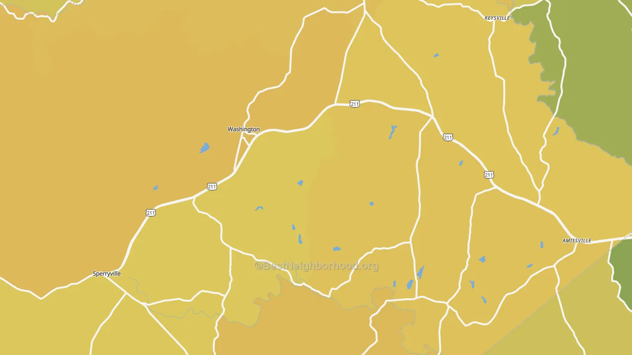 Map of the best neighborhoods in the Rappahannock County area, with better matches in green and worse matches in red