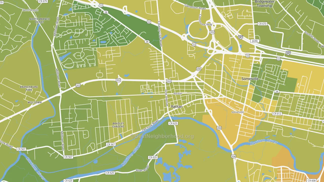 Map of the best neighborhoods in the Raritan area, with better matches in green and worse matches in red