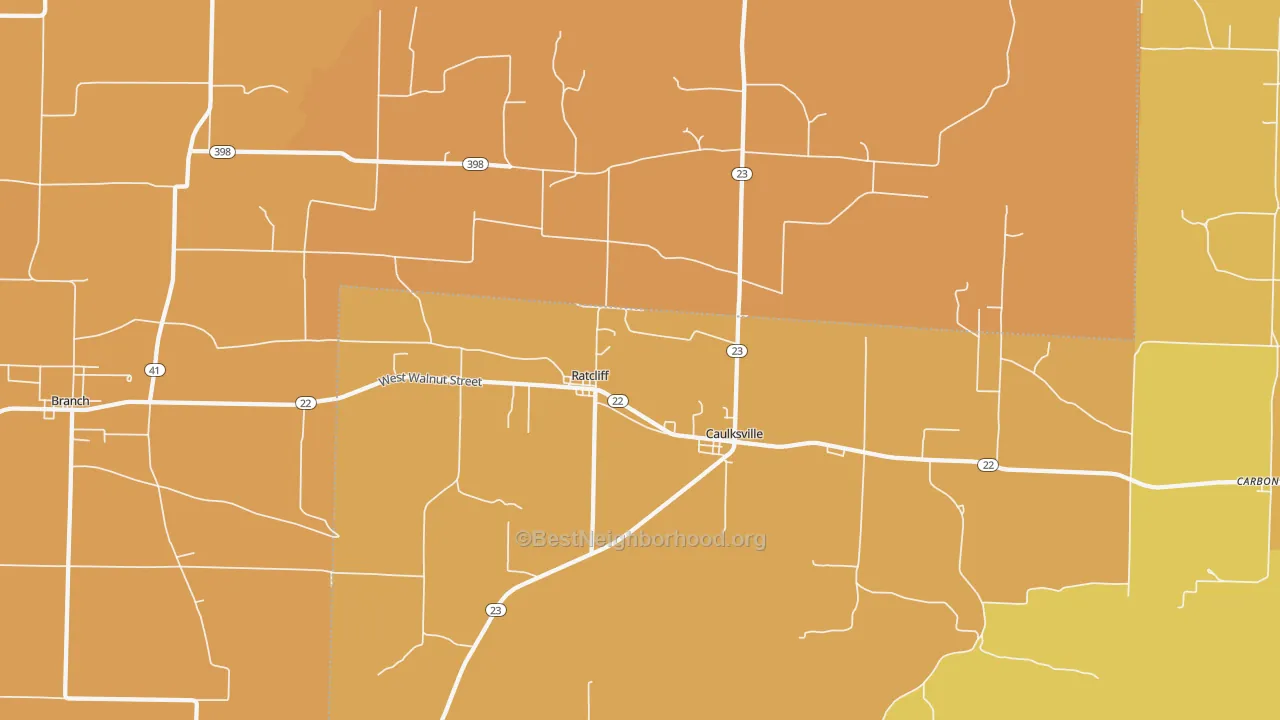 Map of the best neighborhoods in the Ratcliff area, with better matches in green and worse matches in red