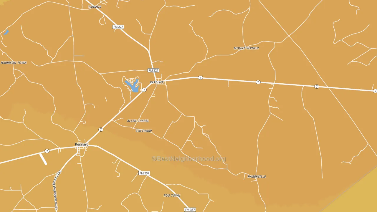 Map of the best neighborhoods in the Ratcliff area, with better matches in green and worse matches in red