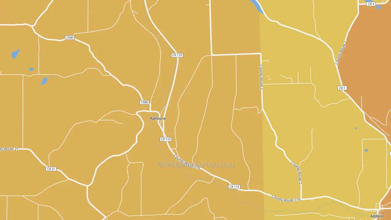 Map of the best neighborhoods in the Rathbone area, with better matches in green and worse matches in red