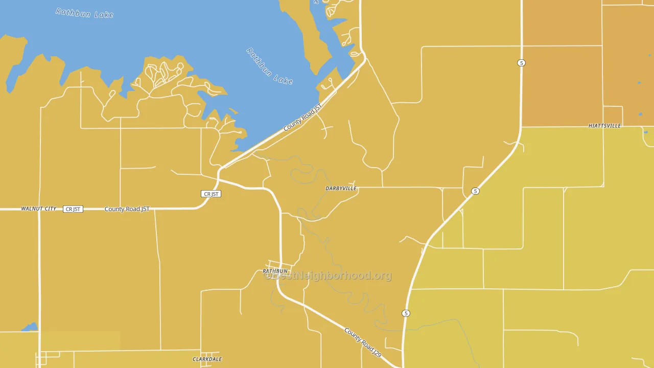 Map of the best neighborhoods in the Rathbun area, with better matches in green and worse matches in red