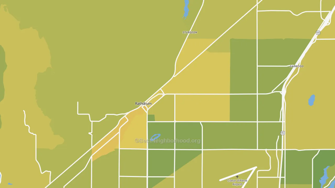 Map of the best neighborhoods in the Rathdrum area, with better matches in green and worse matches in red