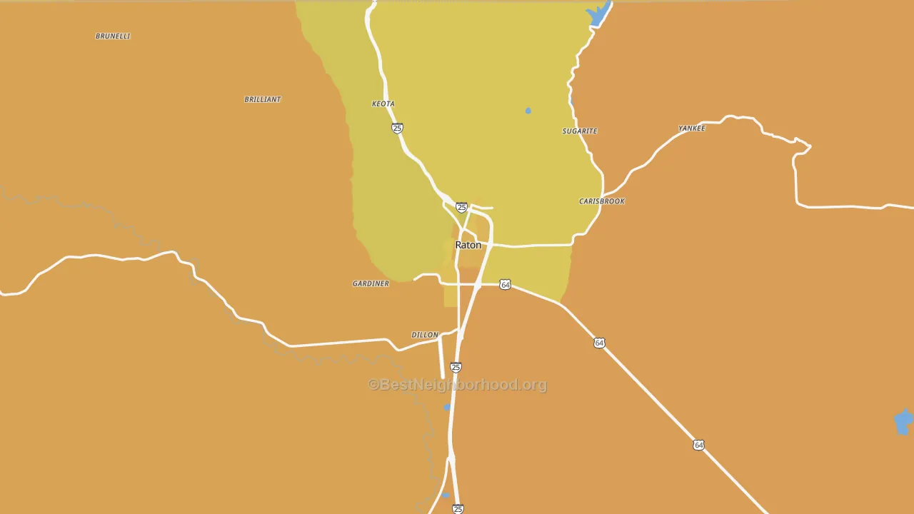 Map of the best neighborhoods in the Raton area, with better matches in green and worse matches in red
