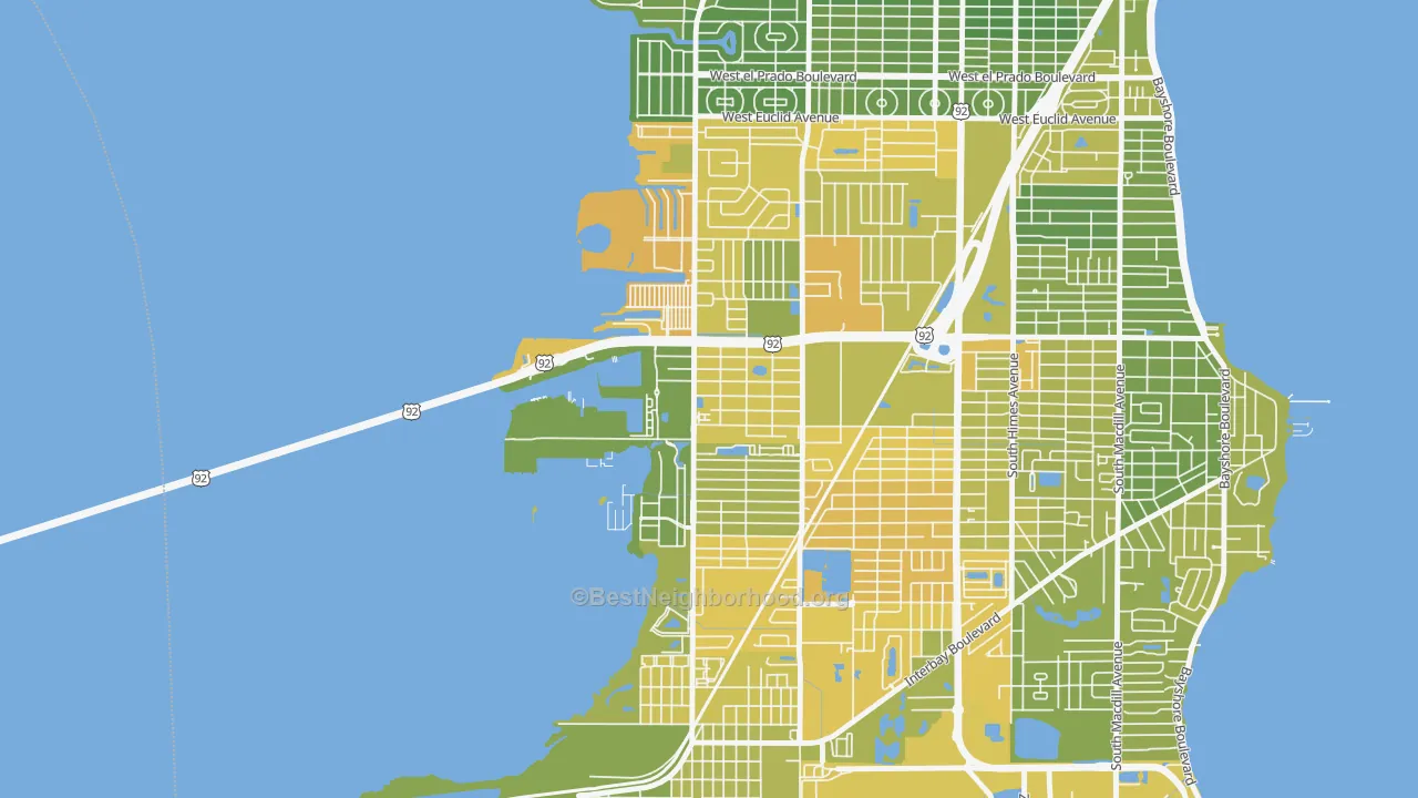 Map of the best neighborhoods in the Rattlesnake, Tampa area, with better matches in green and worse matches in red
