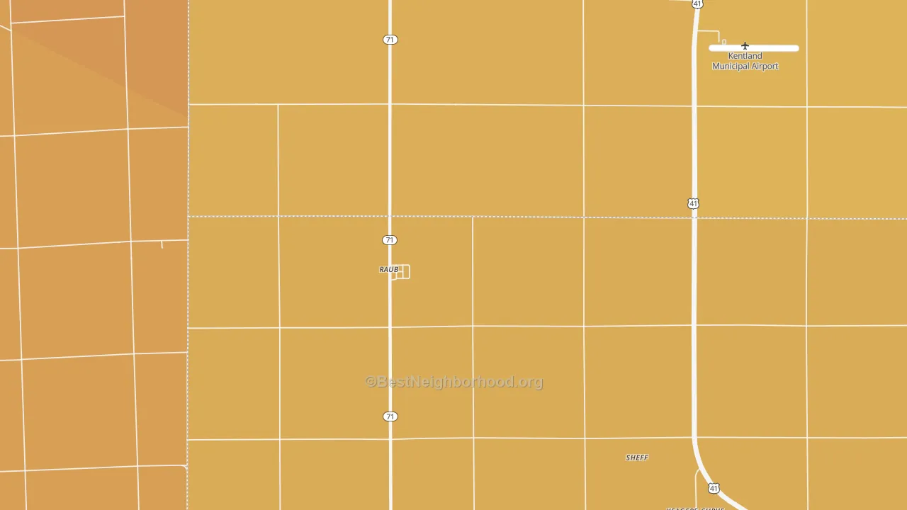 Map of the best neighborhoods in the Raub area, with better matches in green and worse matches in red