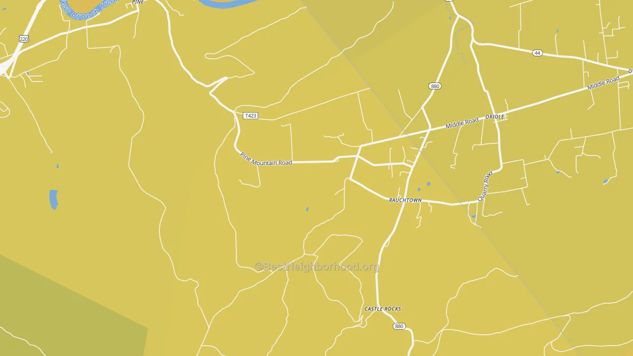 Map of the best neighborhoods in the Rauchtown area, with better matches in green and worse matches in red