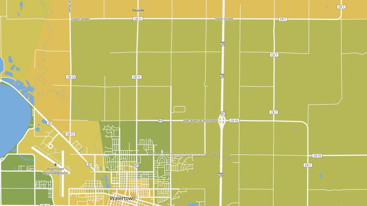Map of the best neighborhoods in the Rauville area, with better matches in green and worse matches in red