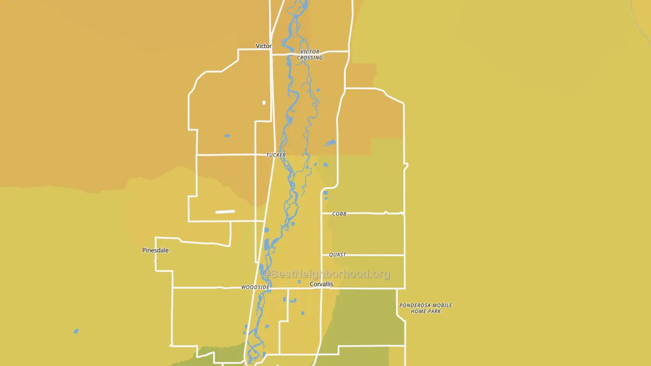 Map of the best neighborhoods in the Ravalli County area, with better matches in green and worse matches in red