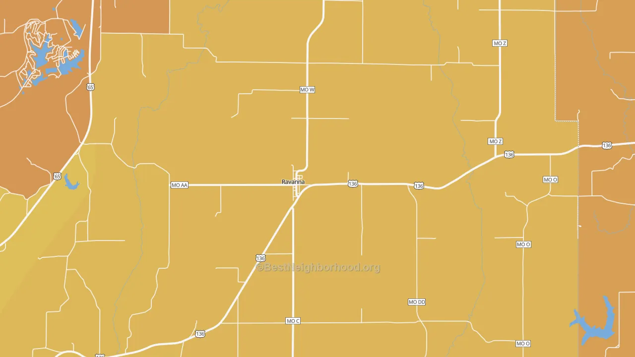 Map of the best neighborhoods in the Ravanna area, with better matches in green and worse matches in red