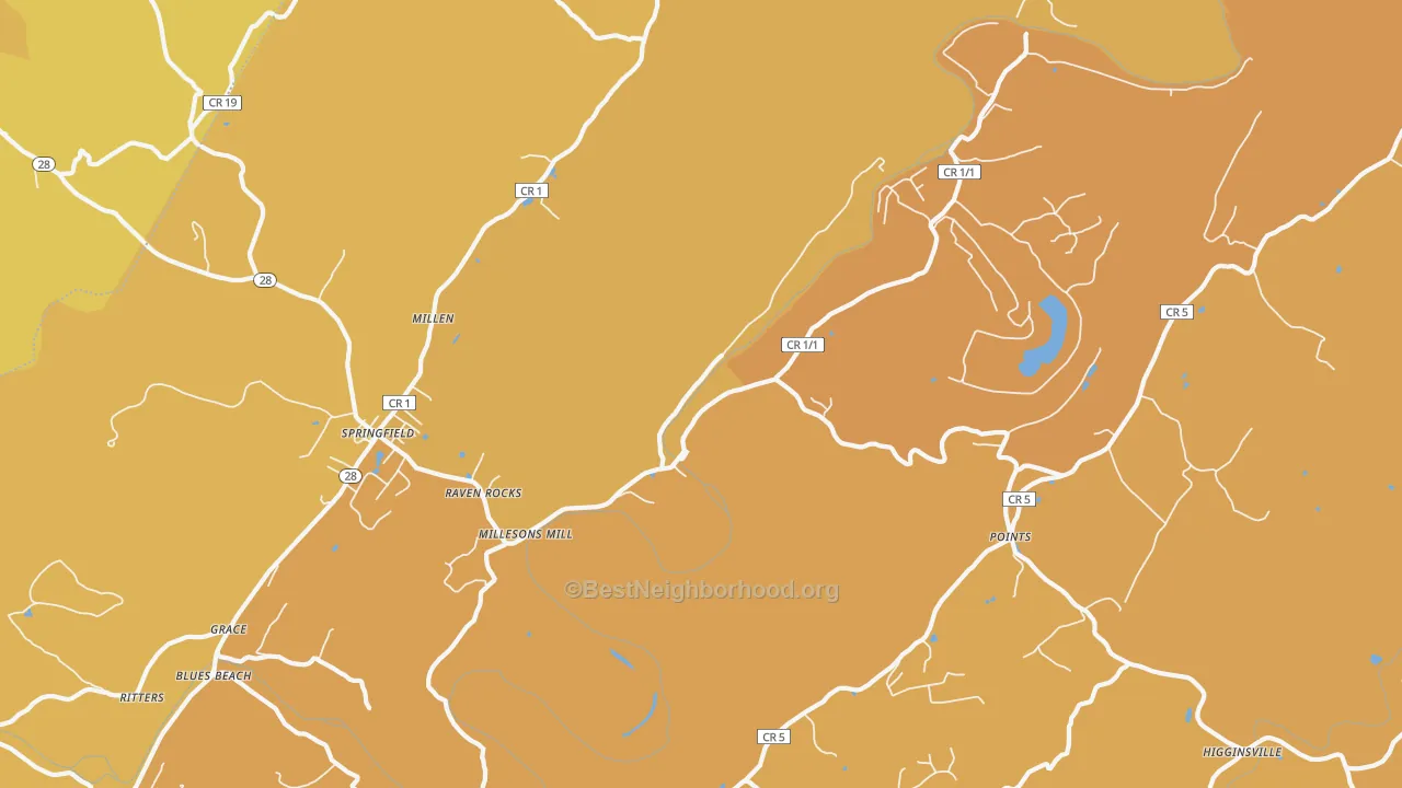 Map of the best neighborhoods in the Raven Rocks area, with better matches in green and worse matches in red