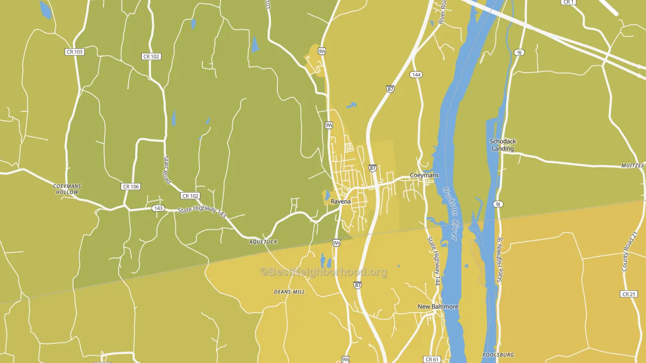 Map of the best neighborhoods in the Ravena area, with better matches in green and worse matches in red