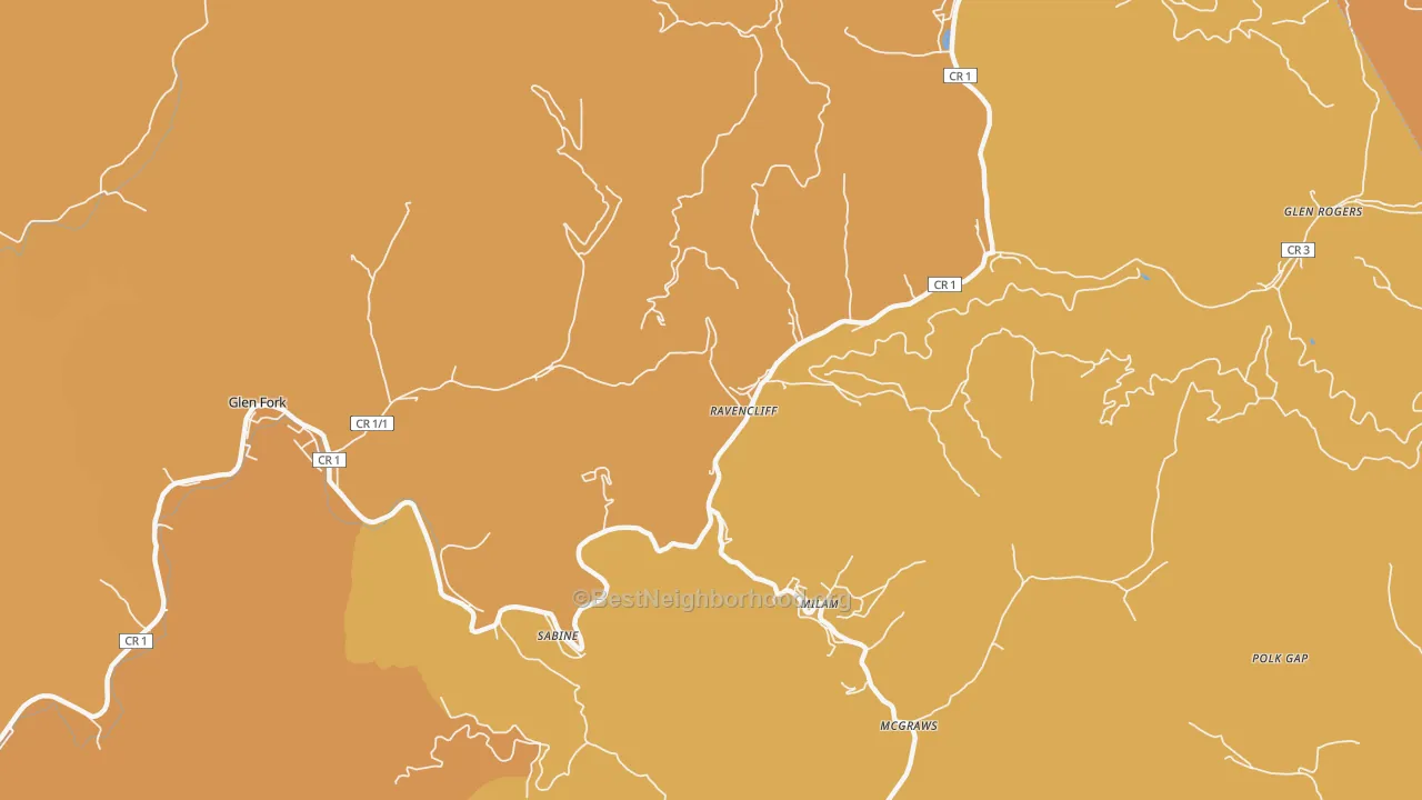 Map of the best neighborhoods in the Ravencliff area, with better matches in green and worse matches in red