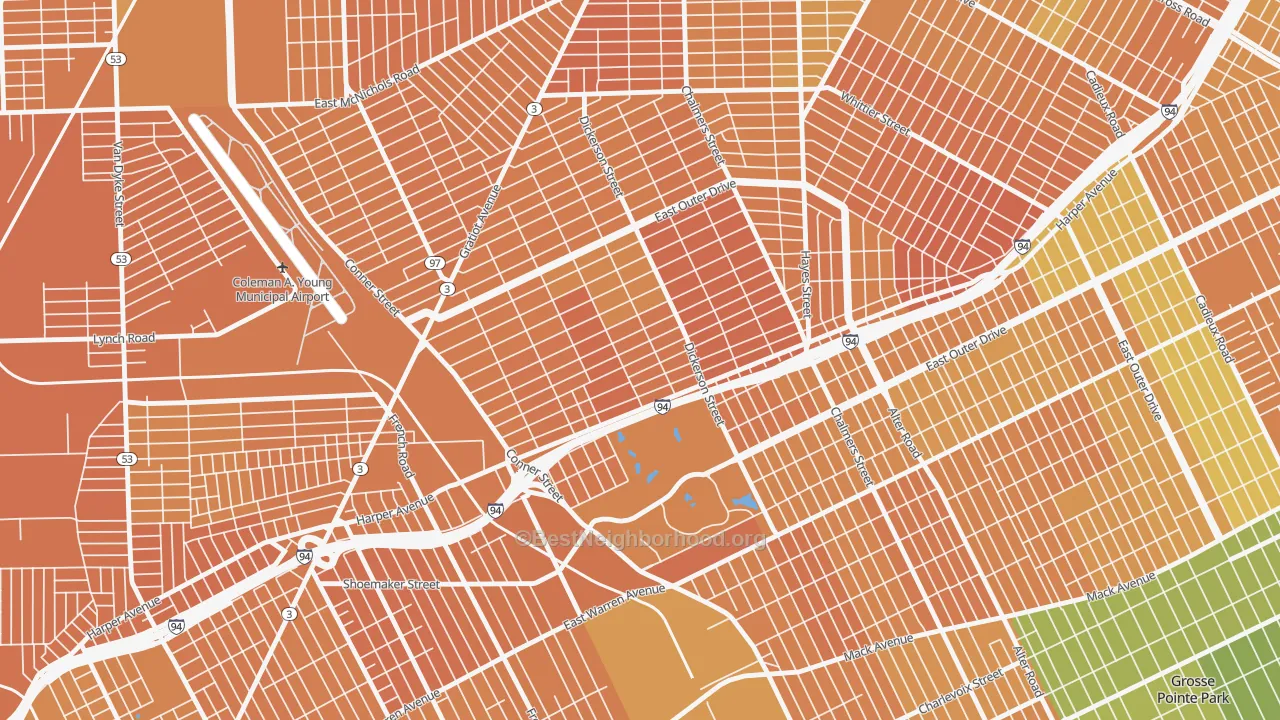 Map of the best neighborhoods in the Ravendale, Detroit area, with better matches in green and worse matches in red