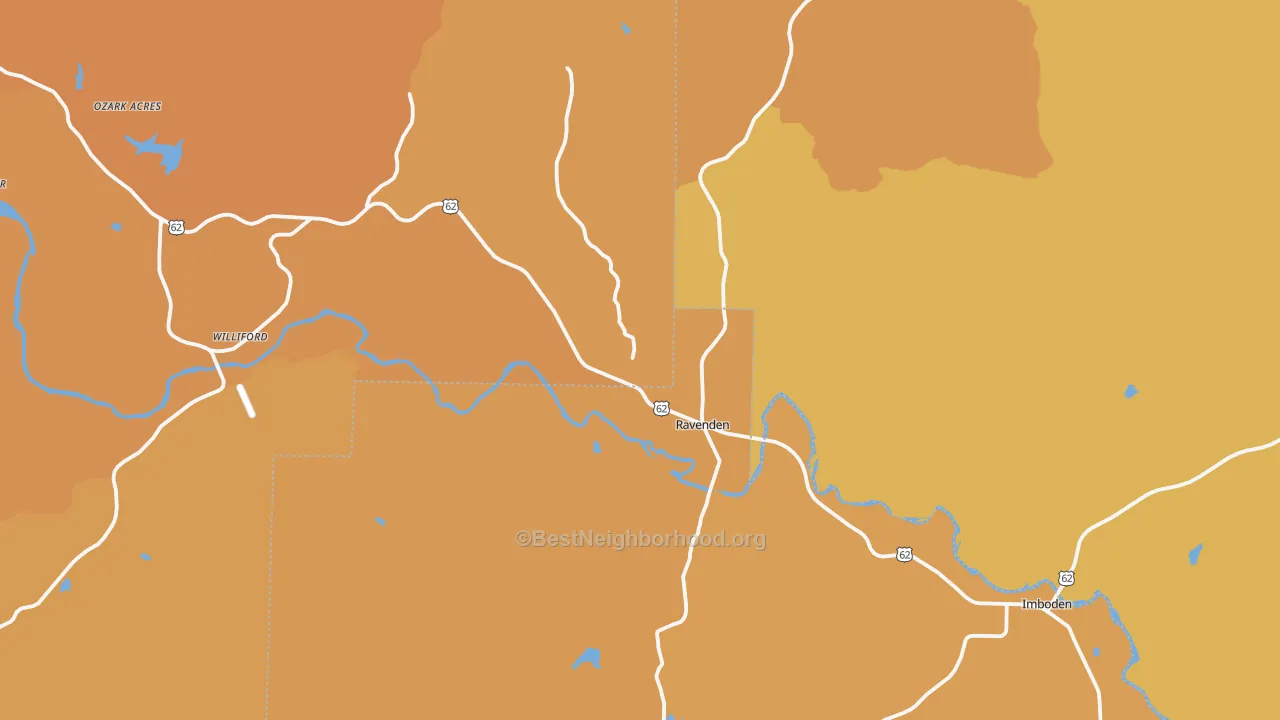 Map of the best neighborhoods in the Ravenden area, with better matches in green and worse matches in red