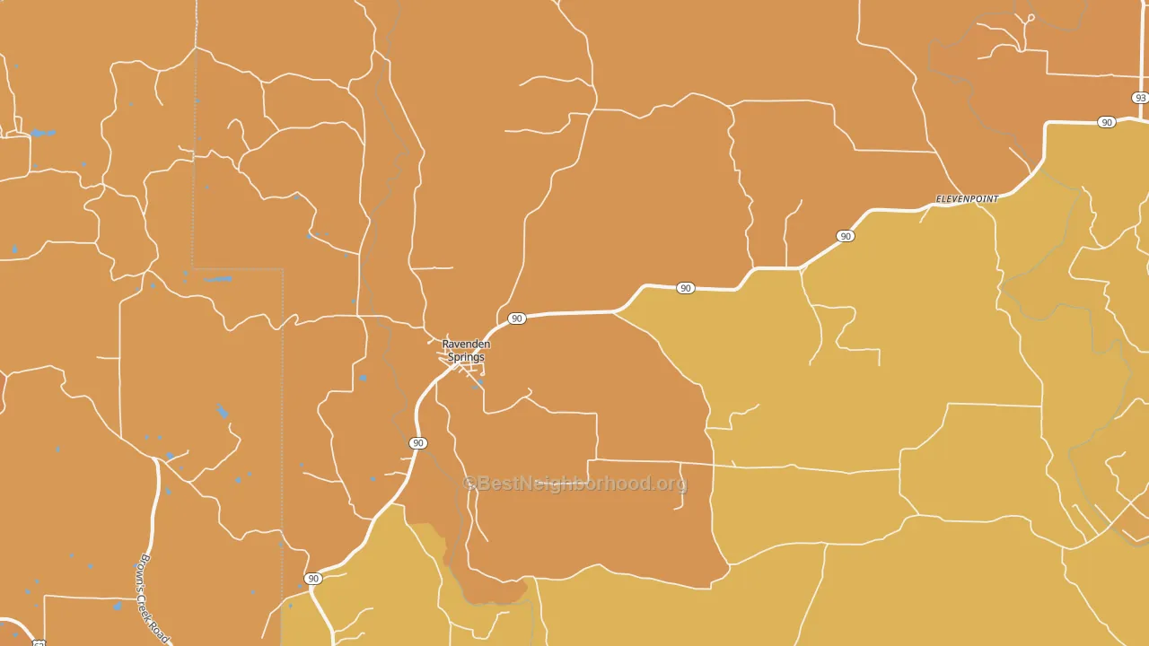 Map of the best neighborhoods in the Ravenden Springs area, with better matches in green and worse matches in red