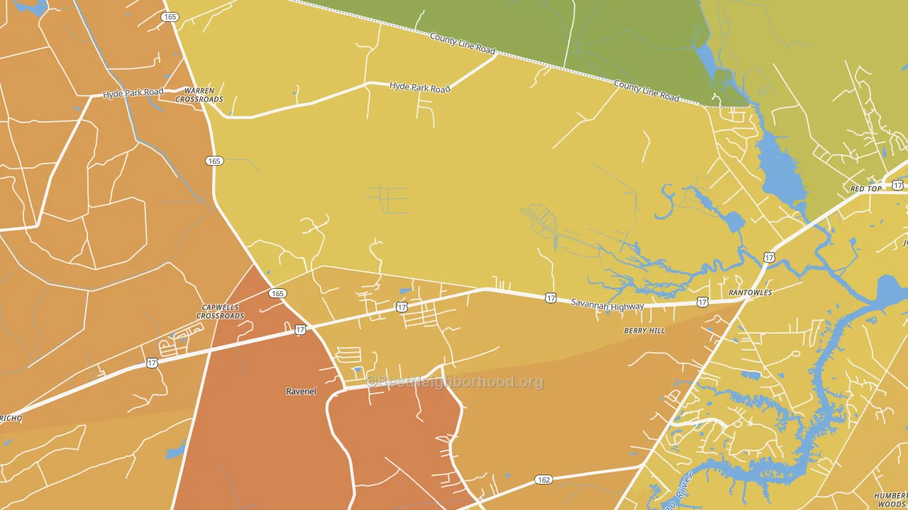 Map of the best neighborhoods in the Ravenel area, with better matches in green and worse matches in red