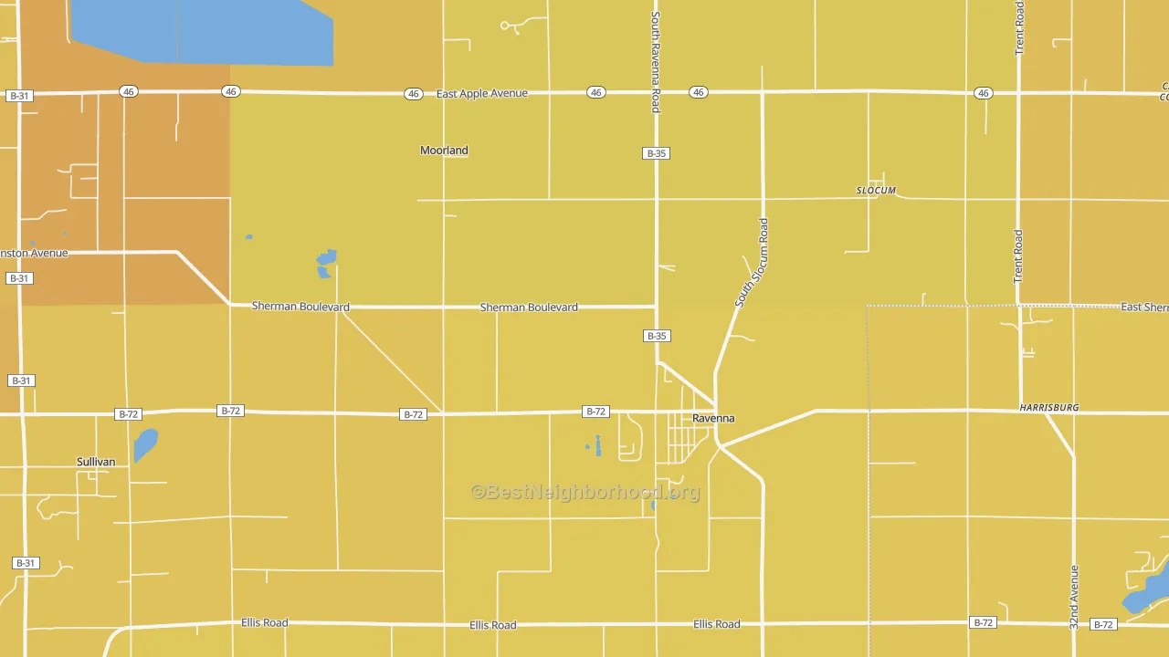 Map of the best neighborhoods in the Ravenna area, with better matches in green and worse matches in red
