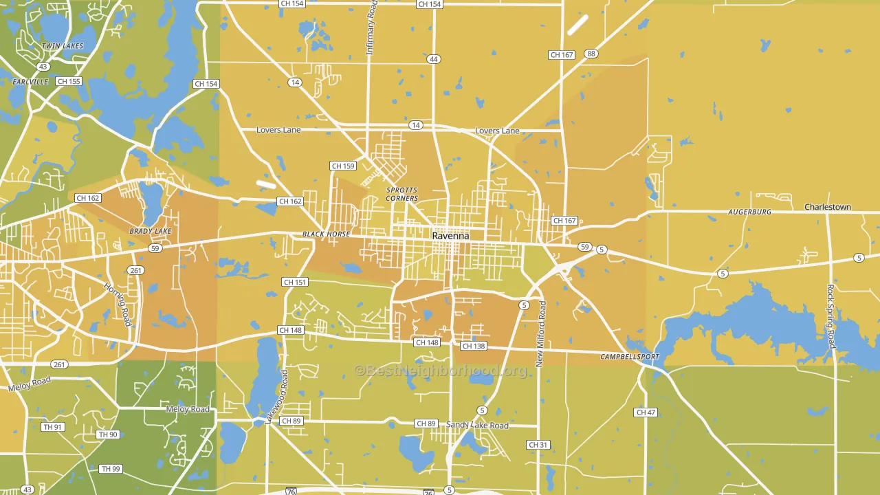 Map of the best neighborhoods in the Ravenna area, with better matches in green and worse matches in red