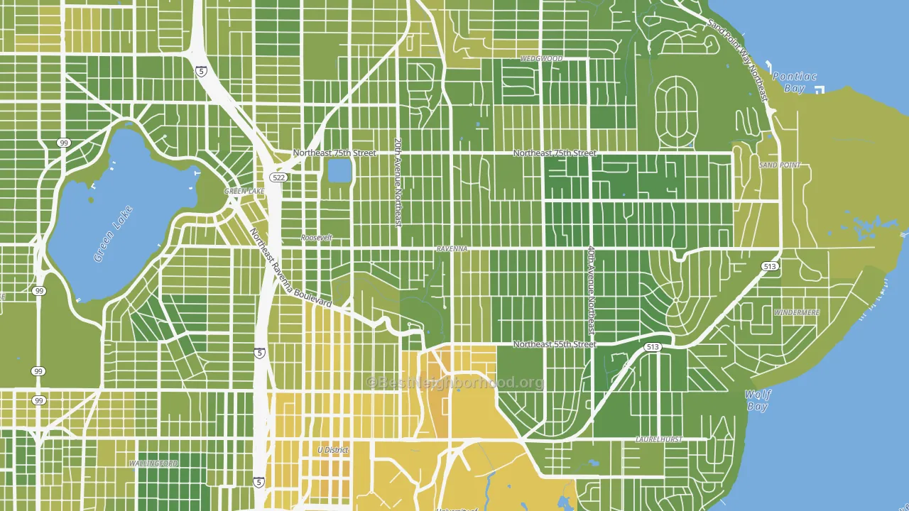 Map of the best neighborhoods in the Ravenna, Seattle area, with better matches in green and worse matches in red