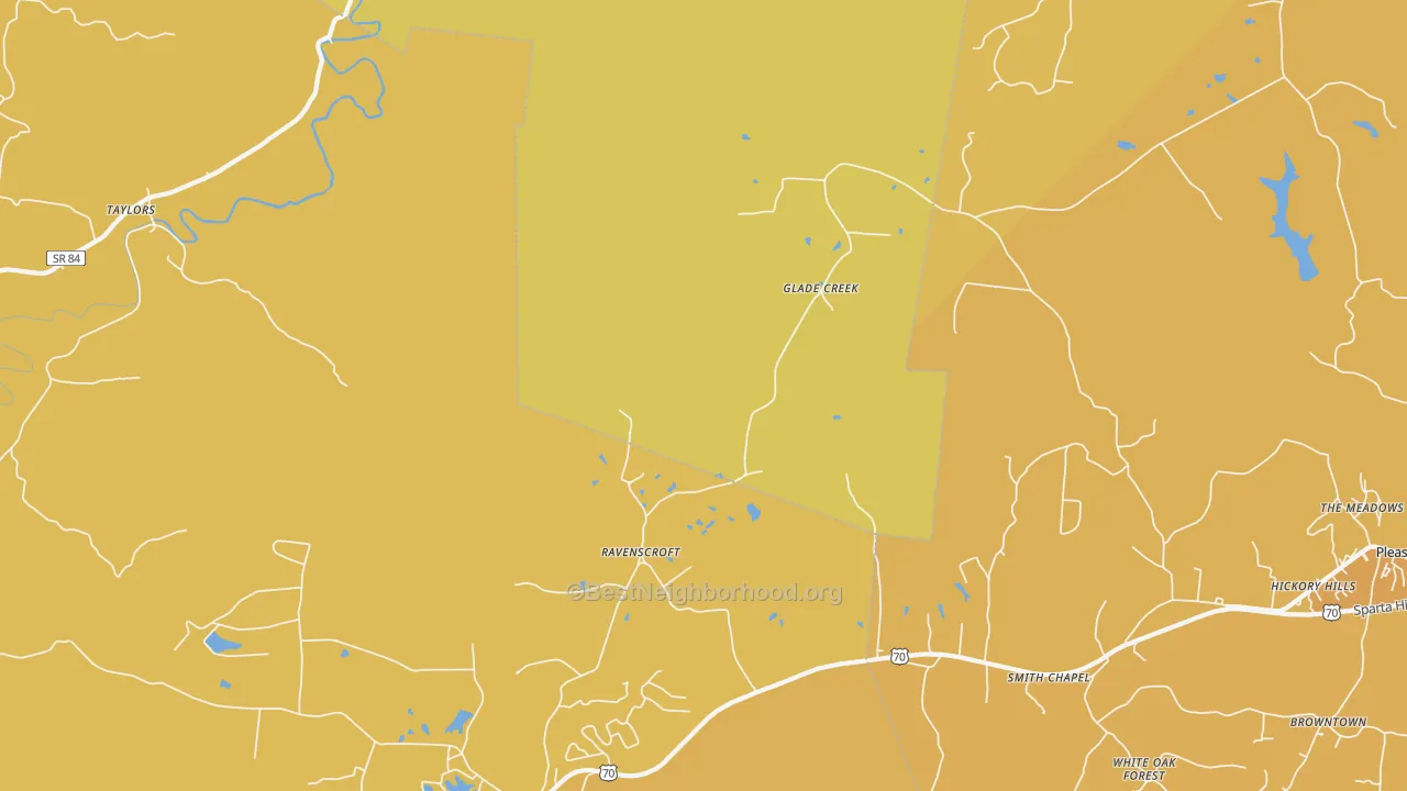 Map of the best neighborhoods in the Ravenscroft area, with better matches in green and worse matches in red