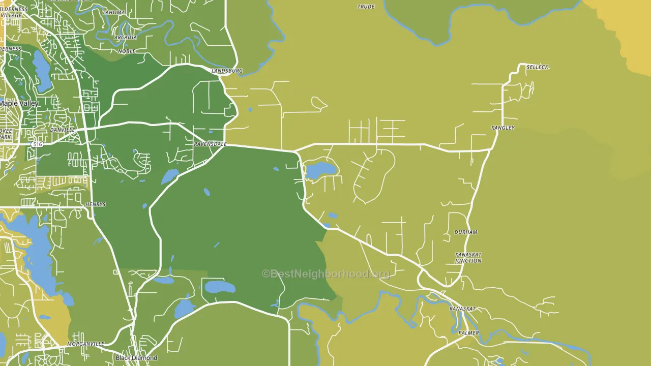 Map of the best neighborhoods in the Ravensdale area, with better matches in green and worse matches in red