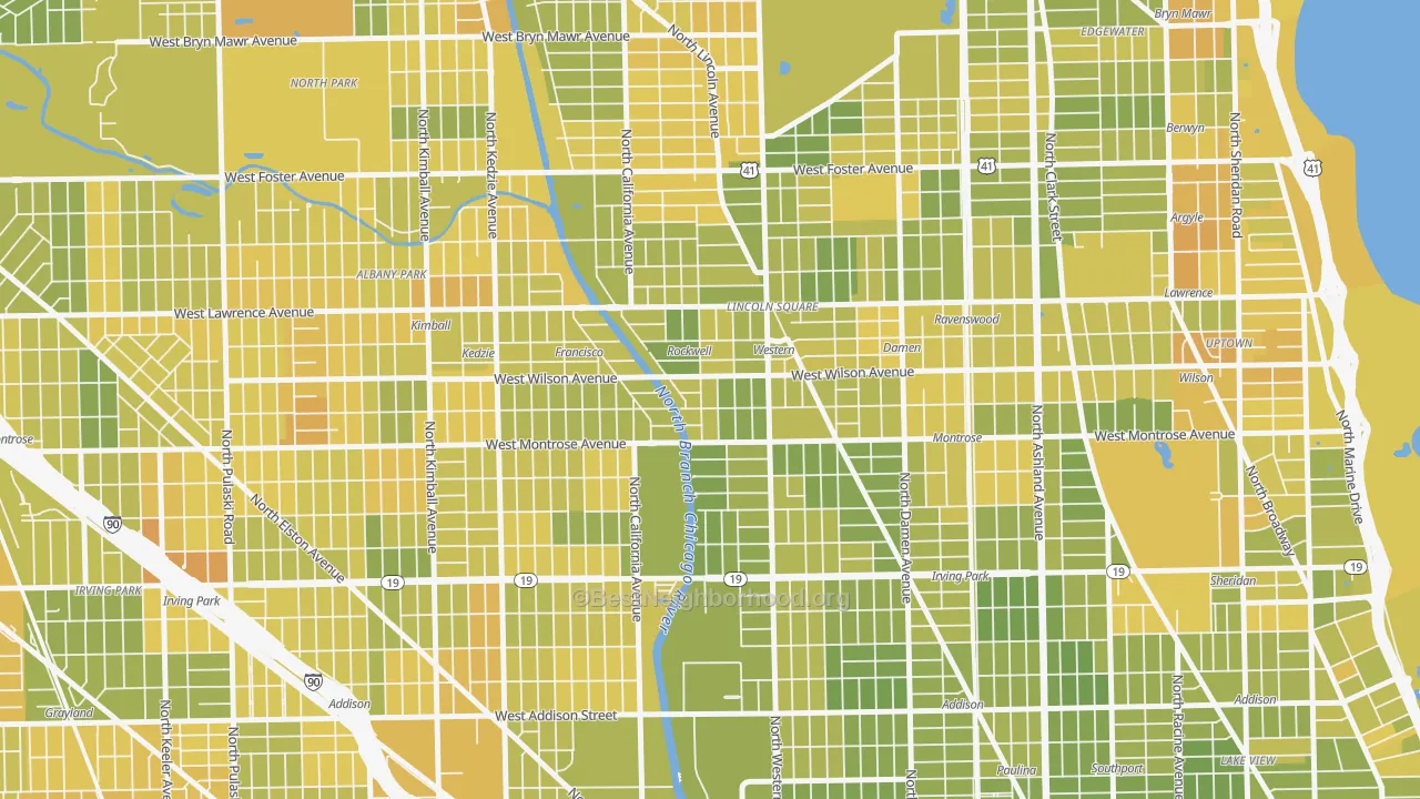 Map of the best neighborhoods in the Ravenswood Gardens, Chicago area, with better matches in green and worse matches in red